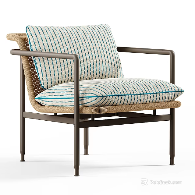 Modern Lounge Chair With Metal Frame Blue White Striped Cushion And Wicker Backrest 3d model 
