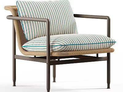 Modern Lounge Chair With Metal Frame Blue White Striped Cushion And Wicker Backrest 3d model