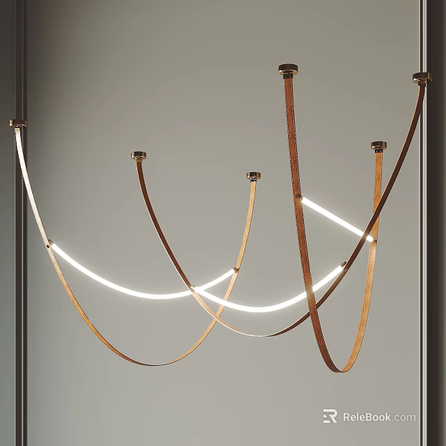 Modern Curved Chandelier Design With Wooden Metal Frames And LED Light Strips 3d model 