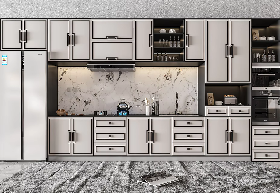 Modern Kitchen Featuring White Cabinets Drawers And Marble Backsplash Design 3d model