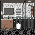 Modern Bathroom Interior With Double Vanity Brown Cabinets Black White Floral Wall And Checkered Floor