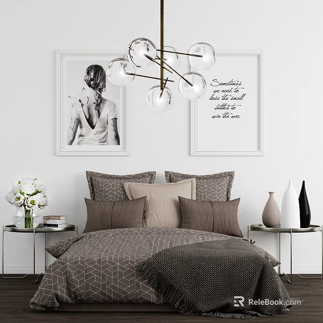 Modern Double Bed With Decorative Paintings Chandelier Pillows And Bedside Tables 3d model 