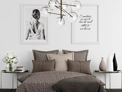 Modern Double Bed With Decorative Paintings Chandelier Pillows And Bedside Tables 3d model