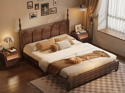 Wooden Double Bed With Carved Headboard Side Nightstands Table Lamps Wall Art And Checkered Rug 3d model