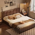 Wooden Double Bed With Carved Headboard Side Nightstands Table Lamps Wall Art And Checkered Rug