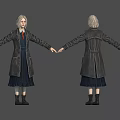 3D Character Model Front Back View With Light Hair Long Dark Coat Blue Dress Boots