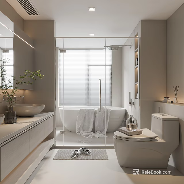Modern Bathroom Interior With Glass Shower Bathtub Vanity Large Mirror Toilet And Decorative Plant 3d model 