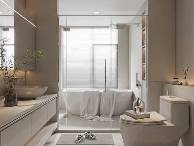 Modern Bathroom Interior With Glass Shower Bathtub Vanity Large Mirror Toilet And Decorative Plant 3d model