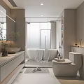 Modern Bathroom Interior With Glass Shower Bathtub Vanity Large Mirror Toilet And Decorative Plant