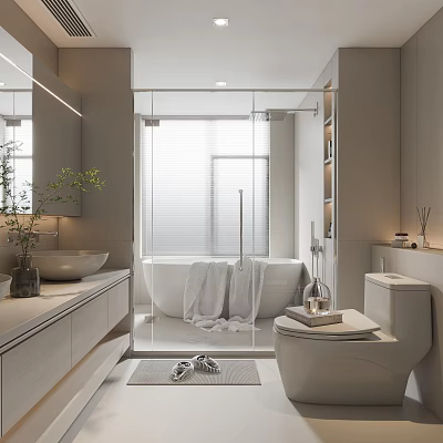 Modern Bathroom Interior With Glass Shower Bathtub Vanity Large Mirror Toilet And Decorative Plant 3d model