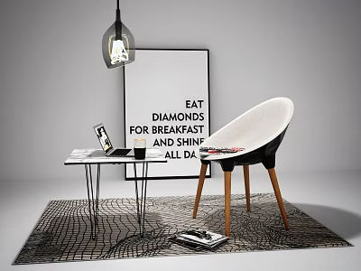 Modern Side Table With Chair On Patterned Rug And Motivational Poster Pendant Light 3d model