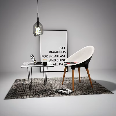 Modern Side Table With Chair On Patterned Rug And Motivational Poster Pendant Light 3d model