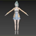 Woman with teal hair wearing beige coat white top blue skirt black boots arms outstretched