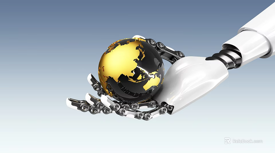 Robotic Hand Holding Golden Earth Globe With Mechanical Joints And Blue Background 3d model 