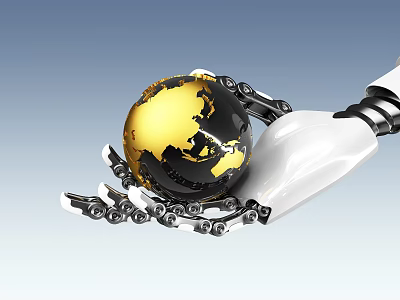 Robotic Hand Holding Golden Earth Globe With Mechanical Joints And Blue Background 3d model