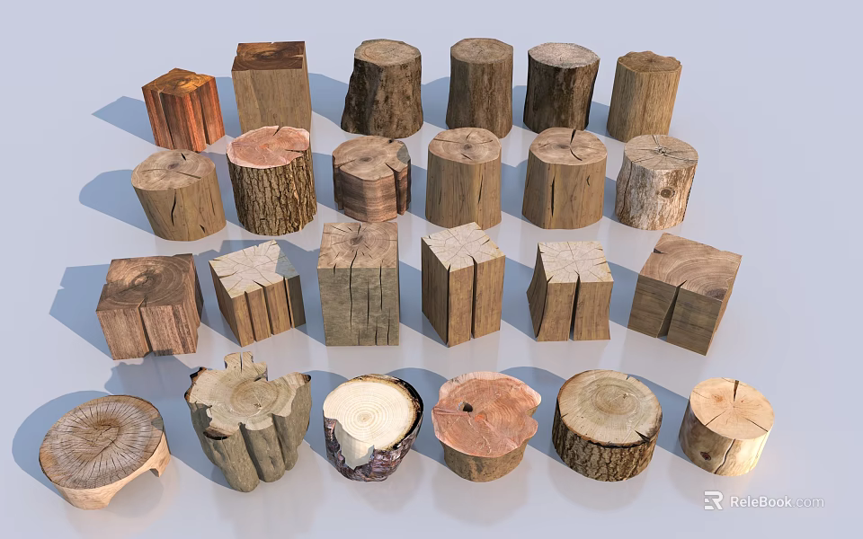 Natural Wooden Tree Stump Stools With Various Shapes And Textures 3d model
