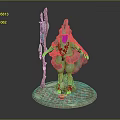 Teal Mythical Character With Creature Features Holding Staff On Patterned Base 3d model