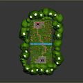 Scenic Natural Landscape With Lush Green Hills Blue Pathway And Traditional Buildings