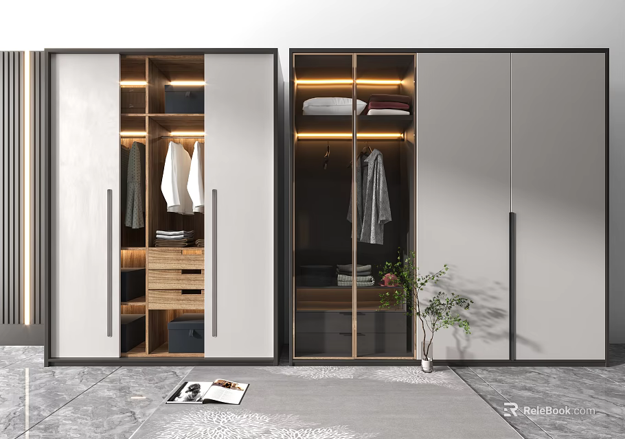 Modern Wardrobe Interior With Open Glass Door Storage Drawers Hanging Space Gray Floor Plant Decor 3d model 