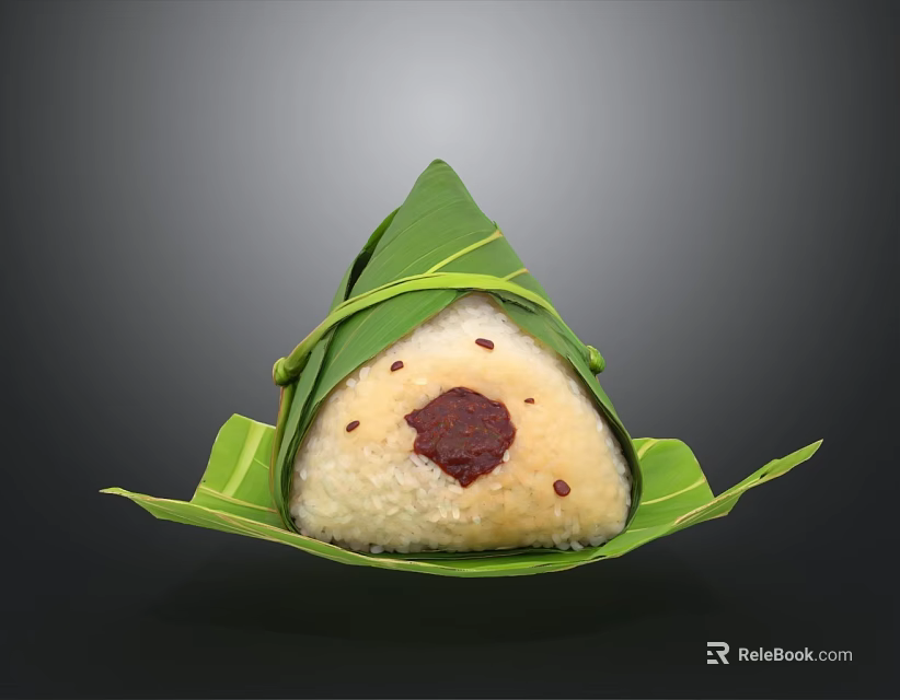Traditional Chinese Zongzi Wrapped in Fresh Bamboo Leaves with Glutinous Rice and Red Bean Paste 3d model 