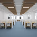 School Classroom Interior With Partitioned Desks Blue Carpet White Walls And Wooden Strip Ceiling