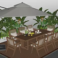 Outdoor Dining Wooden Table and Chairs Set with Umbrella Cushioned Seats and Green Plants