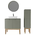 Modern Bathroom Vanity Design With Grey Cabinet White Sink Round Mirror And Wooden Legs