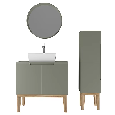 Modern Bathroom Vanity Design With Grey Cabinet White Sink Round Mirror And Wooden Legs 3d model