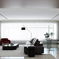 Modern Living Dining Room Interior With Open Layout Dark Leather Sofa And Wooden Shelves