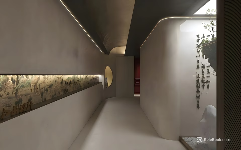 Modern Hotel Corridor Interior With Wall Art Soft Lighting And Circular Window 3d model 
