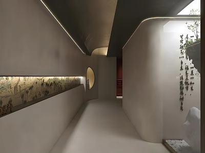 Modern Hotel Corridor Interior With Wall Art Soft Lighting And Circular Window 3d model