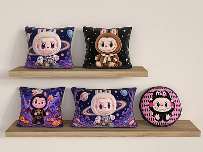 Cartoon Character Throw Pillows With Starry Sky Planets And Various Designs 3d model