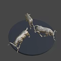 Three Silver Bull Sculptures On Black Circular Platform With Dark Background