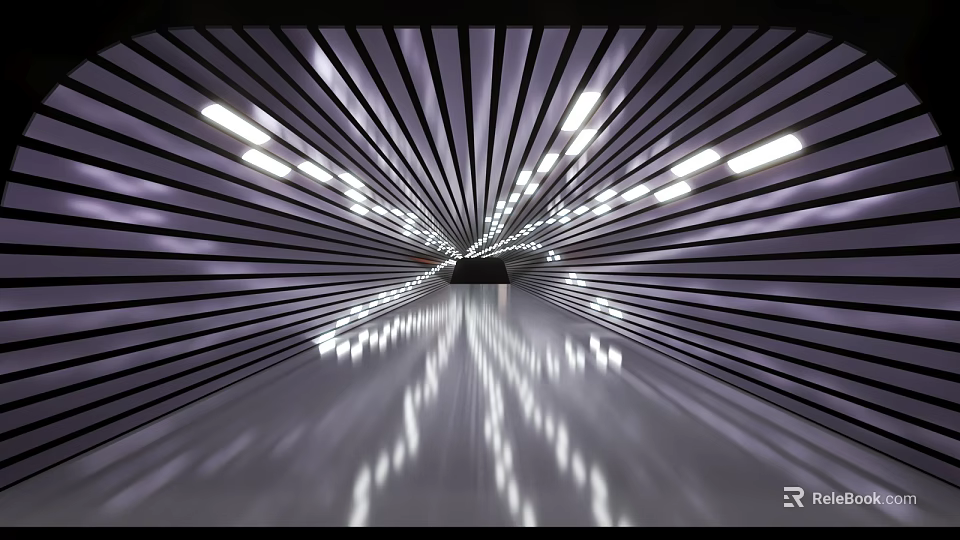 Road Facility Tunnel With Modern Striped Metal Structure And Reflective Floor Lighting 3d model 