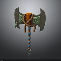 Ornate Axe With Wooden Handle Twisted Rope Green Patterns And Blue Orange Stripes