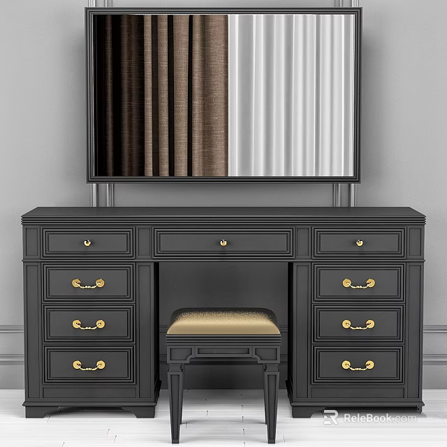 Elegant Black Dressing Table With Gold Handles Mirror And Padded Stool 3d model 