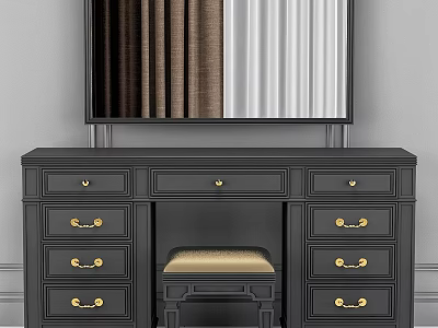 Elegant Black Dressing Table With Gold Handles Mirror And Padded Stool 3d model