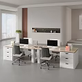 Bright Modern Four Person Office Desks With Side Storage Cabinets And Ergonomic Rolling Chairs