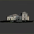 Ruined European Architecture with Red Tiled Roof and Surrounding Green Grassland
