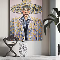 Portrait Painting Of Person In Blue Shirt With Yellow Dots And Dollar Signs On Coat