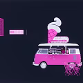 Commercial Outdoor Seating With Pink Ice Cream Truck And Cone Sign Tables Chairs