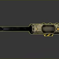 Futuristic Mechanical Weapon Design With Yellow Stripes Circular Dials And Long Blade
