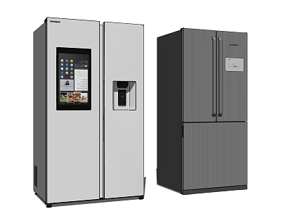 Silver Side by Side Refrigerator with Digital Display and Gray Top Freezer Fridge Design Features 3d model