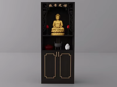 Traditional Black Buddhist Shrine Cabinet With Golden Buddha Statue Red Candles And Storage Doors 3d model