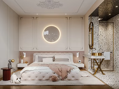 Elegant Bedroom Interior Design With Upholstered Bed Circular Lit Decorative Wall And Ornate Ceiling 3d model