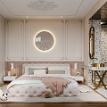 Elegant Bedroom Interior Design With Upholstered Bed Circular Lit Decorative Wall And Ornate Ceiling