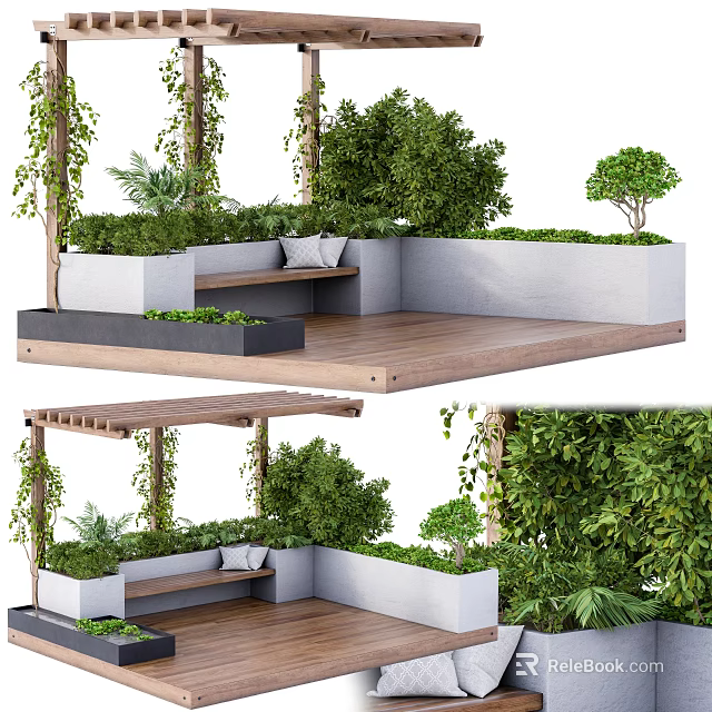 Pergola with Wooden Structure Lush Green Plants and Seating Bench in Garden 3d model 