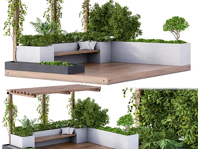 Pergola with Wooden Structure Lush Green Plants and Seating Bench in Garden 3d model
