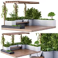 Pergola with Wooden Structure Lush Green Plants and Seating Bench in Garden