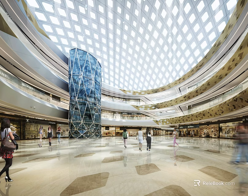 Bright Spacious Modern Shopping Mall Hall With Lattice Glass Dome And Central Glass Elevator 3d model 